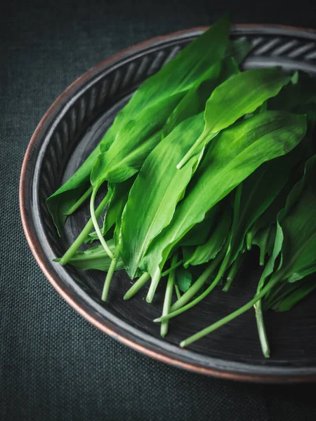 Fémtálca Friss Zöld Vad Fokhagymás Levelekkel Allium Ursinum Asztalon Sötét — Stock Fotó