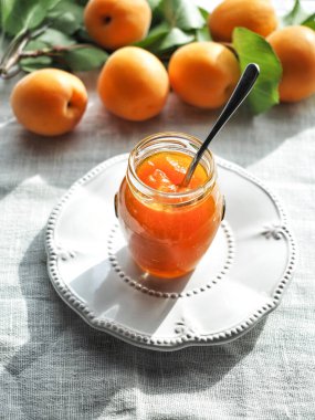 Kavanozda ev yapımı kayısı reçeli ve arka planda taze kayısı. Boşluğu kopyala.