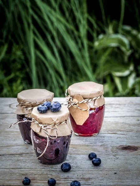 Homemade Jam Made Blackberries Raspberries Vintage Wooden Table Garden Copy — Stock Photo, Image