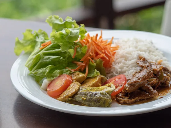 Plato Blanco Con Pescado Estofado Trozos Cerdo Arroz Lechuga Zanahoria — Foto de Stock