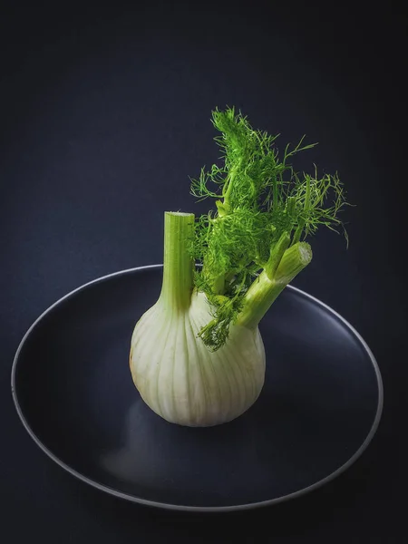 Bulbo Hinojo Fresco Único Con Hojas Verdes Plato Azul Fondo —  Fotos de Stock