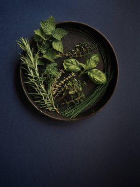 Mavi arka planda siyah yuvarlak tavada çeşitli yeşil otlar var. Karanlık ve karamsar. Boşluğu kopyala.
