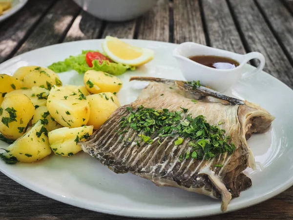 Boiled Carp Carp Blue Boiled Potatoes Salad Wooden Table Close — Stock Photo, Image