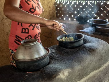 HIRIWADUNNA, SRI LANKA - 10 Mart 2019: Geleneksel kırsal mutfakta pirinç ve köri pişiren genç Güney Asyalı kadın.