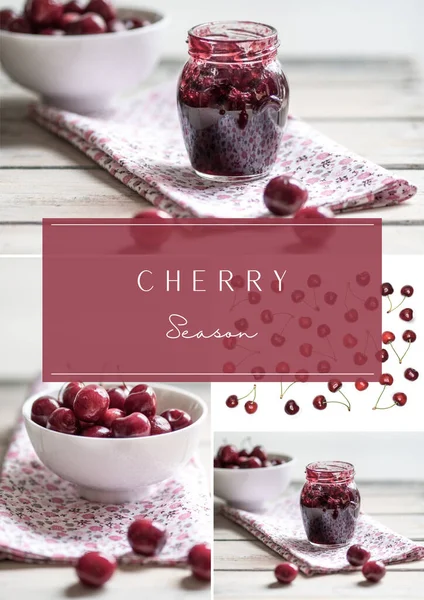Cherry season. Collage of images with fresh harvested cherries and cherry jam. — Stock Photo, Image