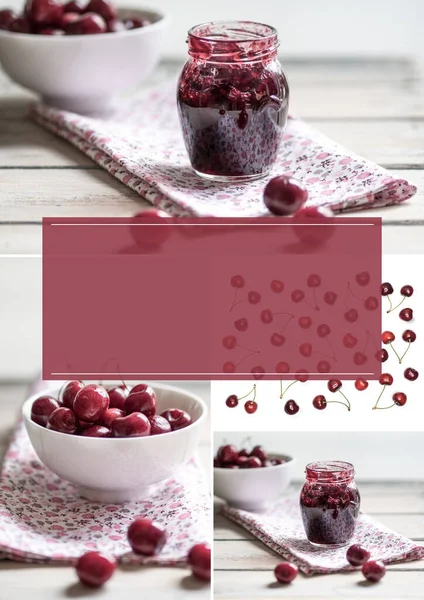 Collage of images with fresh harvested cherries and cherry jam. Copy space. — Stock Photo, Image