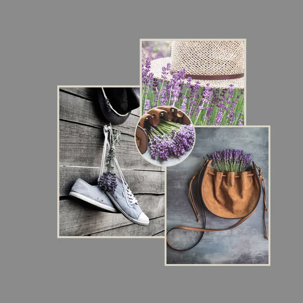 Lavendelbloemen en mode. Collage van vier afbeeldingen. Sfeerbord met kopieerruimte — Stockfoto