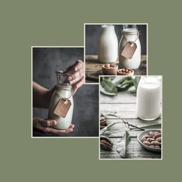 Ev yapımı badem sütü. Modelleme tahtası tasarla. Üç fotoğraflık kolaj. — Stok fotoğraf