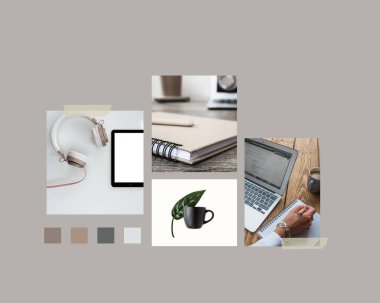 Bej arka planda ev ofis çalışma alanı olan dört resmin kolajı.