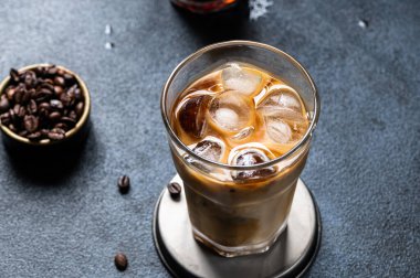 Sütlü, uzun bardakta buzlu kahve. Buzlu latte. Soğuk yaz içkisi. Bardakta soğuk bira. Buzlu kapuçino. Vietnam Buzlu Kahvesi.
