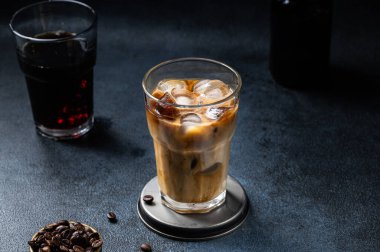 Sütlü, uzun bardakta buzlu kahve. Badem sütlü latte. Soğuk yaz içkisi. Bardakta soğuk bira. Bardakta vejetaryen kahvesi. Vietnam buzlu kahvesi. Vejetaryen latte.