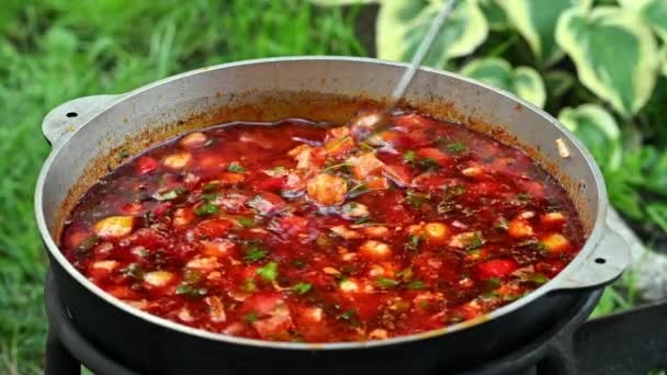 Bograch tradicional húngaro. A fazer guisado em fogo aberto. comida de conforto alemão. Goulash húngaro tradicional em caldeirão. Prato transcarpático. Sopa com carne e páprica. Eintopf, chili con carne. — Vídeo de Stock