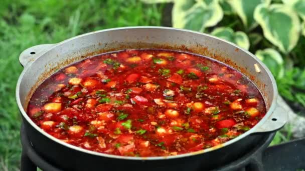 Hungarian traditional bograch. Making stew on open fire. german comfort food. Traditional Hungarian Goulash in cauldron. Transcarpathian dish. Soup with meat and paprika. Eintopf, chili con carne. — Stock Video