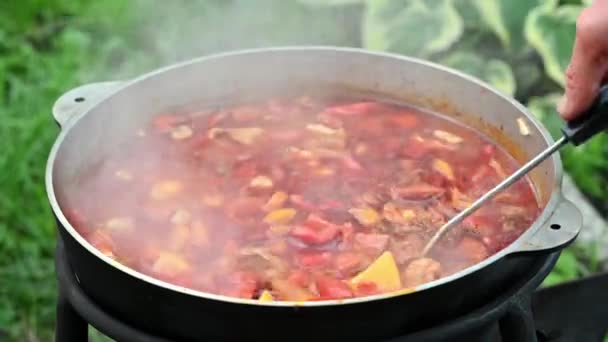 ハンガリーの伝統的なバッチ。火の上でシチューを作る。ドイツ料理の快適さ。コルドロンの伝統的なハンガリーのグーラッシュ。トランスカルパティア料理。肉とパプリカのスープ。エイントプフチリ・コン・カーン. — ストック動画