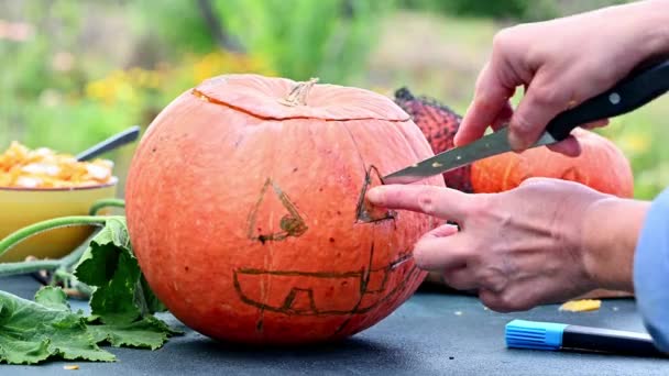 手は恐ろしいハロウィーンのカボチャを彫ります。ハロウィンのためのカボチャの装飾を作る。お祝いの準備だ。ハロウィーンのカボチャを準備する。ジャック・オー・ランタン — ストック動画