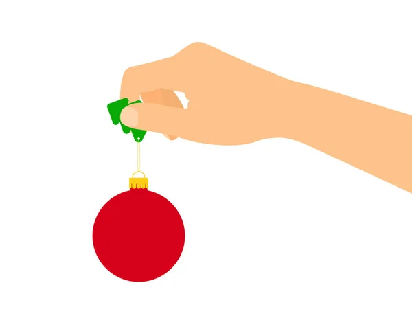 一只手拿着红色圣诞装饰品的女性或男性的扁平设计图解 在白色背景上分离 — 图库矢量图片