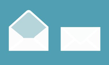 Açık ve kapalı beyaz kağıt zarfların düz tasarım çizimi. Yeşil arkaplanda şeffaflık ile nesne - vektör