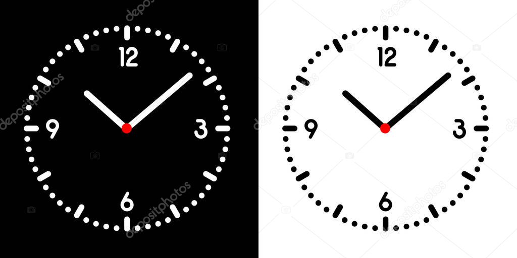 Flat design Illustration of clock face or wristwatch with black and white dial, numbers, hands and red center - vector