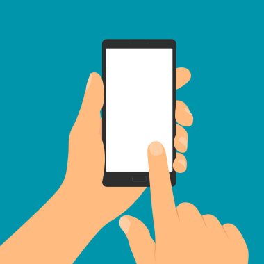 Düz tasarım çizimi, boş beyaz ekranlı, el ele tutuşma cep telefonu. Forefinger dokunmatik ekranda tıklıyor - vektör