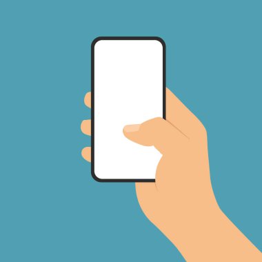 Yeşil arka planda beyaz dokunmatik ekranı olan cep telefonunun düz tasarım çizimi - vektör