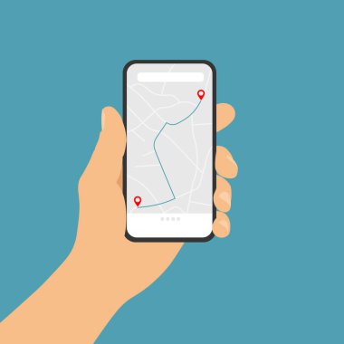 Yörünge uygulaması ve harita ile el ele tutuşmanın düz tasarım gerçekçi illüstrasyonu - vektör