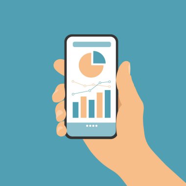 Düz tasarım vektörü, beyaz dokunmatik ekran ve finansal grafikli el telefonu, yeşil arka planda izole, bilgi grafikleri için uygun.