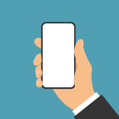 Düz tasarım vektörü - yöneticinin eli cep telefonu boş beyaz dokunmatik ekran, metin veya resim için boşluk. Reklam ya da bilgi grafikleri için uygun.