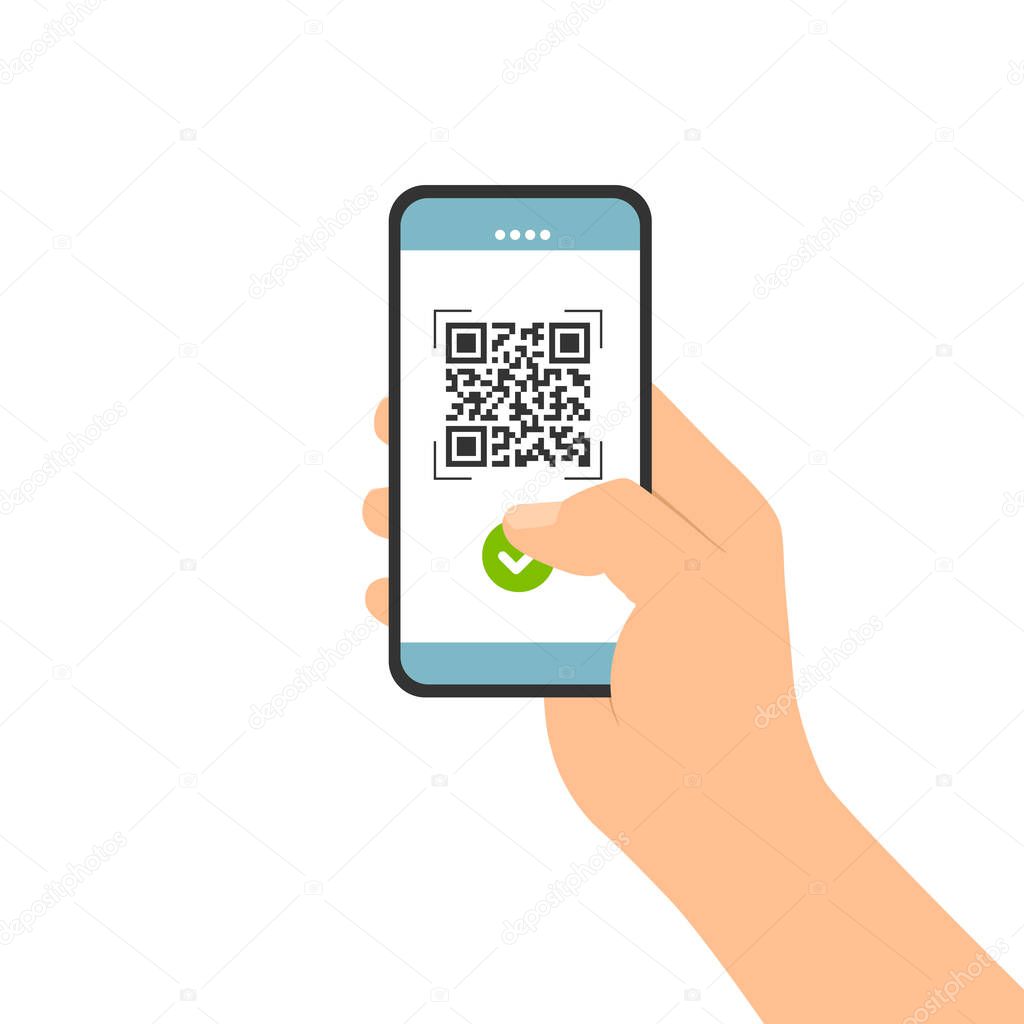 Flat design illustration of male hand holding touch screen mobile phone. Successful QR code scan for payment - vector