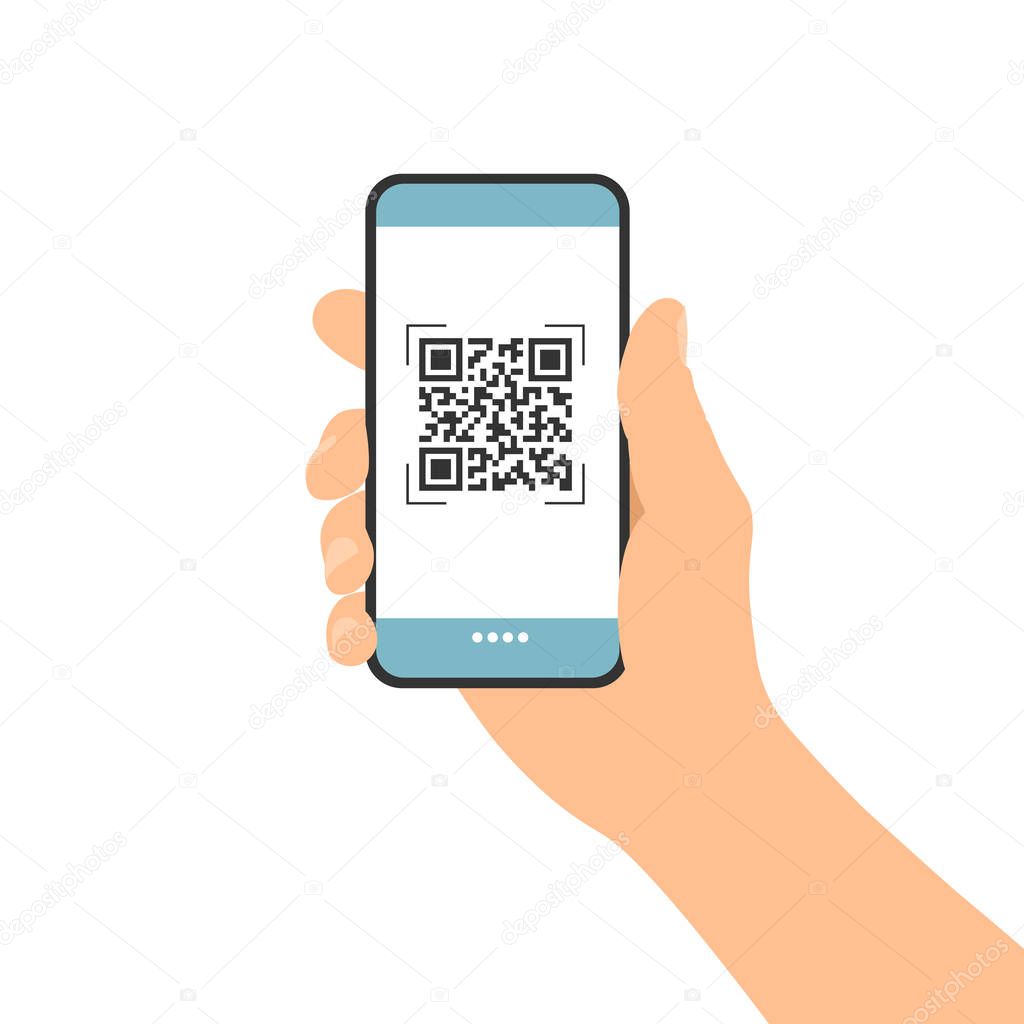 Flat design illustration of male hand holding touch screen mobile phone. QR code scan for payment or identification - vector
