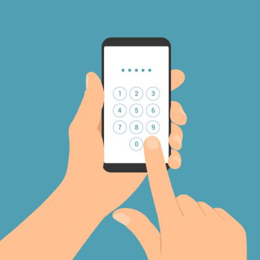 Erkek el telefonunun düz tasarım çizimi. Dokunmatik ekranın sayısal tuş takımına PIN kodunu girer- vektör