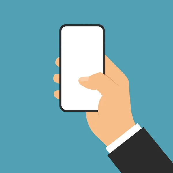 Επίπεδη Σχεδίαση Απεικόνιση Των Επιχειρήσεων Χέρι Άνθρωπος Κρατώντας Ένα Smartphone — Διανυσματικό Αρχείο