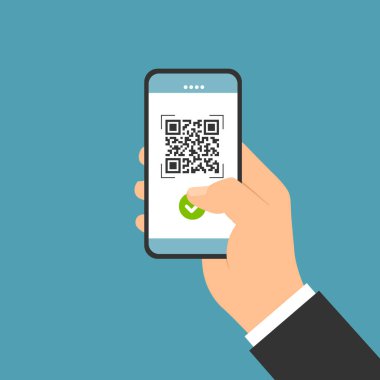 Flat design illustration of male hand holding touch screen mobile phone. QR code scan for payment - business vector