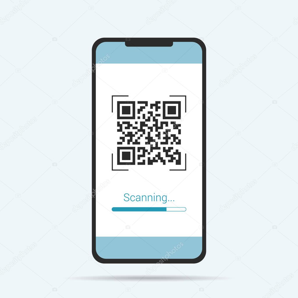 Flat design illustration of touch screen smartphone. QR code scanner with scanning text - vector
