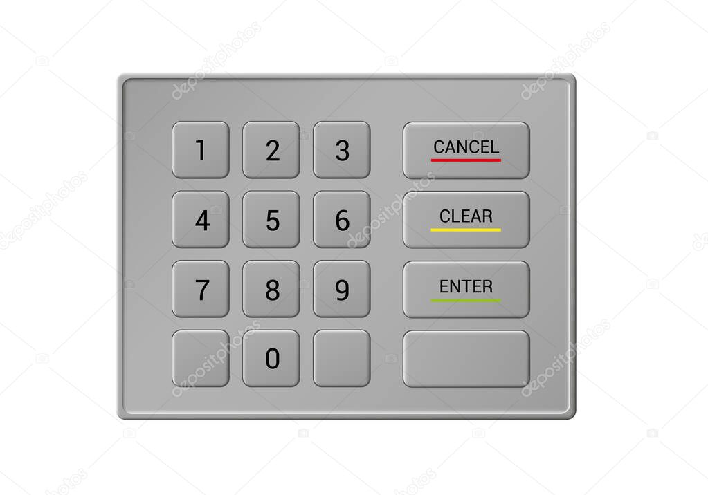 Illustration of a metal ATM keyboard with numbers and buttons. For safe cash withdrawal - vector