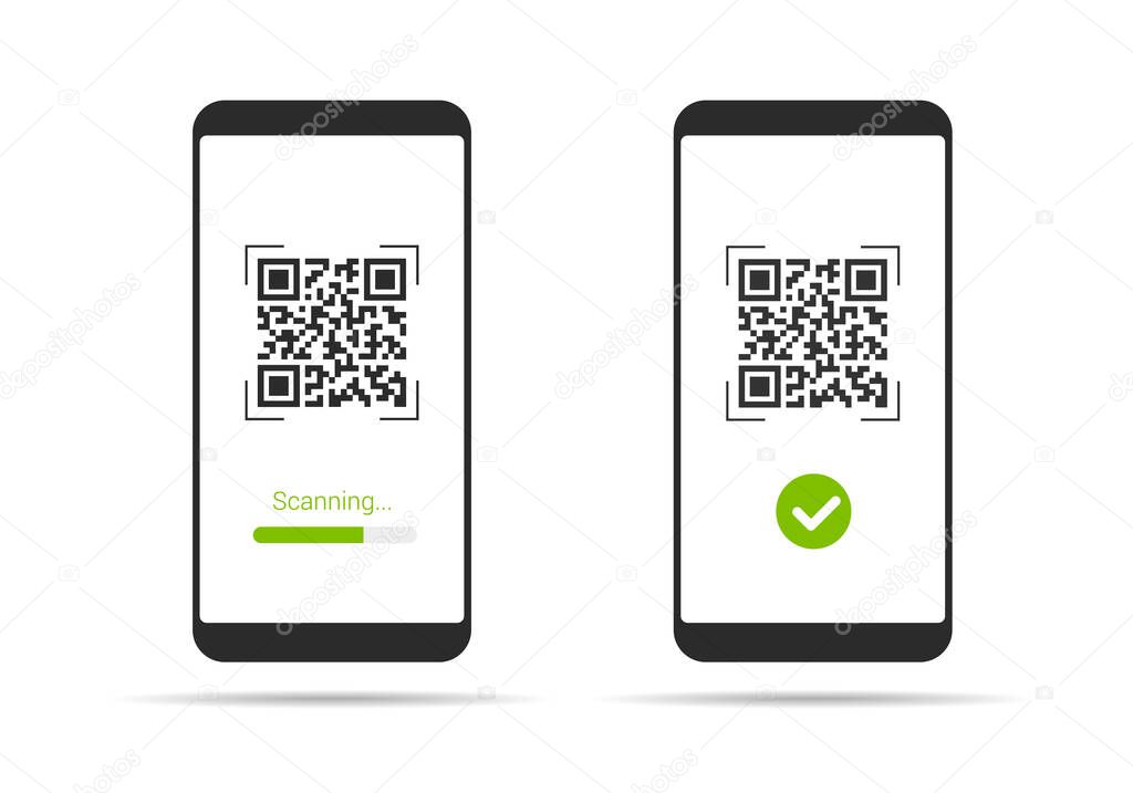Flat design illustration of smartphone with touch screen and QR code scanning icon. Isolated on white background - vector