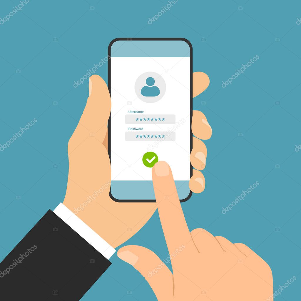 Flat design illustration of manager hand holding smartphone and clicking on login touch screen with username and password - vector