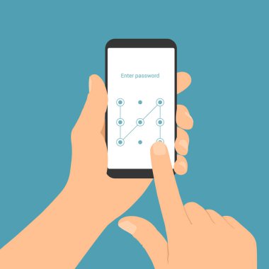 Bir adamın elinin giriş ekranı ve grafik şifre vektörü olan akıllı telefonu tutarken düz tasarım çizimi -