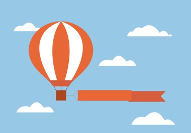 Reklam metni için kurdele ya da afiş ile uçan sıcak hava balonunun düz tasarım çizimi. Mavi gökyüzü ve bulutlar arka plan - vektör