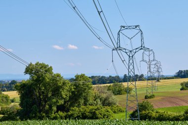 Güney Moravya, Çek Cumhuriyeti 'nde yaz aylarında mavi gökyüzü altında tarım arazisinde elektrik kabloları olan yüksek elektrik direklerinin görüntüsü