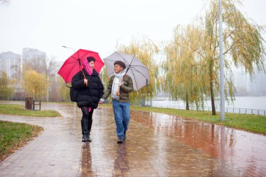 Afrika kökenli Amerikalı kadın ve yağmurluk giymiş oğlu yağmurda şemsiyelerle yürüyorlar, genç çocuk sonbaharda annesiyle birlikte dışarı çıkıyor.