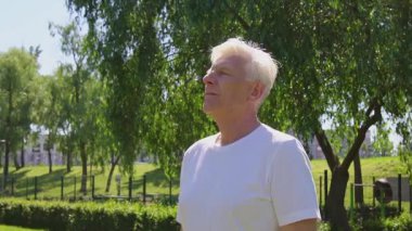 Beyaz tişörtlü yaşlı atletik adam yazın parkta meditasyon yapıyor. Aktif gri saçlı emekliler doğada nefes alıyor.