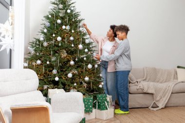 Afrika kökenli Amerikalı kadın ve oğlu Noel ağacını süslüyor ve birlikte yeni yılı kutluyorlar. Noel 'de evde erkek ve kız kardeş sarılıyorlar.