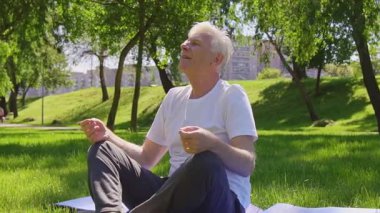 Sporcu yaşlı bir adam meditasyon yapar ve yazın parkta yoga yapar. Aktif gri saçlı emekli dışarıda nilüfer pozisyonunda oturur.