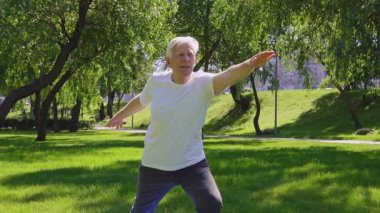 Yaşlı yaşlılar parkta pilates yapıyor, yaşlı gri saçlı emekliler dışarıda yoga yaparken kollarını kaldırıyor.