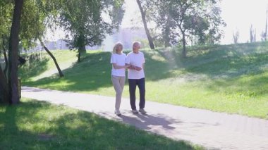 Parkta el ele tutuşan yaşlı çift, gri saçlı adam ve kadın ormanda yürüyor ve konuşuyor ve gülümsüyor.