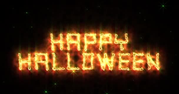 Animatie van Happy Halloween tekst in vuur en vlam met deeltjes en glitters. Zwarte achtergrond — Stockvideo