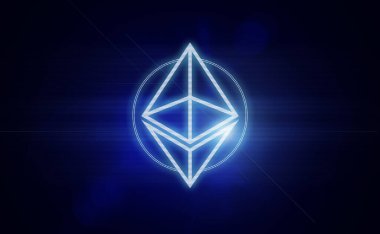Ethereum (ETH) sembolü. Beyaz zemin üzerinde sanal dijital para birimi işareti. Fütürist tarayıcı etkisine sahip 3D illüstrasyon. Yatırım konsepti