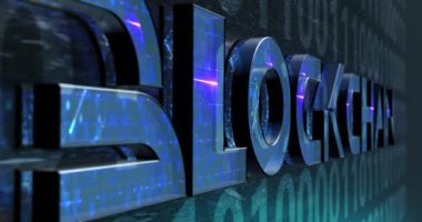 Dijital arkaplanda mavi tonlu ikili kodlu engelleyici kelime. Metnin içindeki geleceksel şebeke tasarımı. 3 boyutlu görüntüleme. Kripto para birimi yatırım kavramı