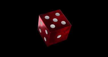 Kırmızı bir kumarhane, üzerinde beyaz noktalar olan siyah bir arka planda izole bir şekilde döner ve her tarafını gösterir. Zarda cam gibi bir madde var.