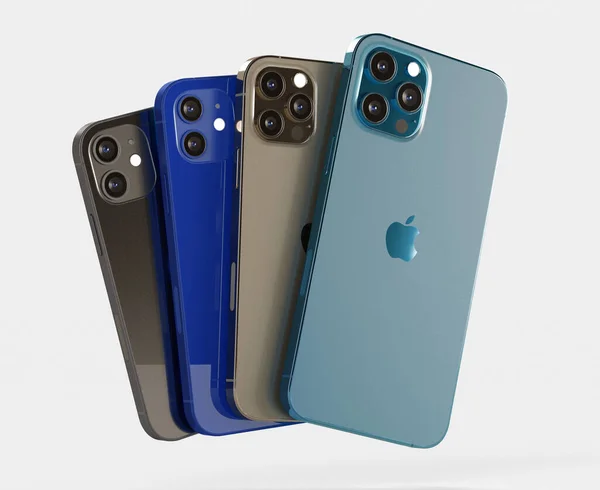 ITALIA-01 NOVIEMBRE 2020: Iphone 12, 12 Mini, 12 Pro y 12 Max smartphones sobre fondo blanco. El último modelo de iPhone móvil de Apple. Editorial ilustrativo. —  Fotos de Stock